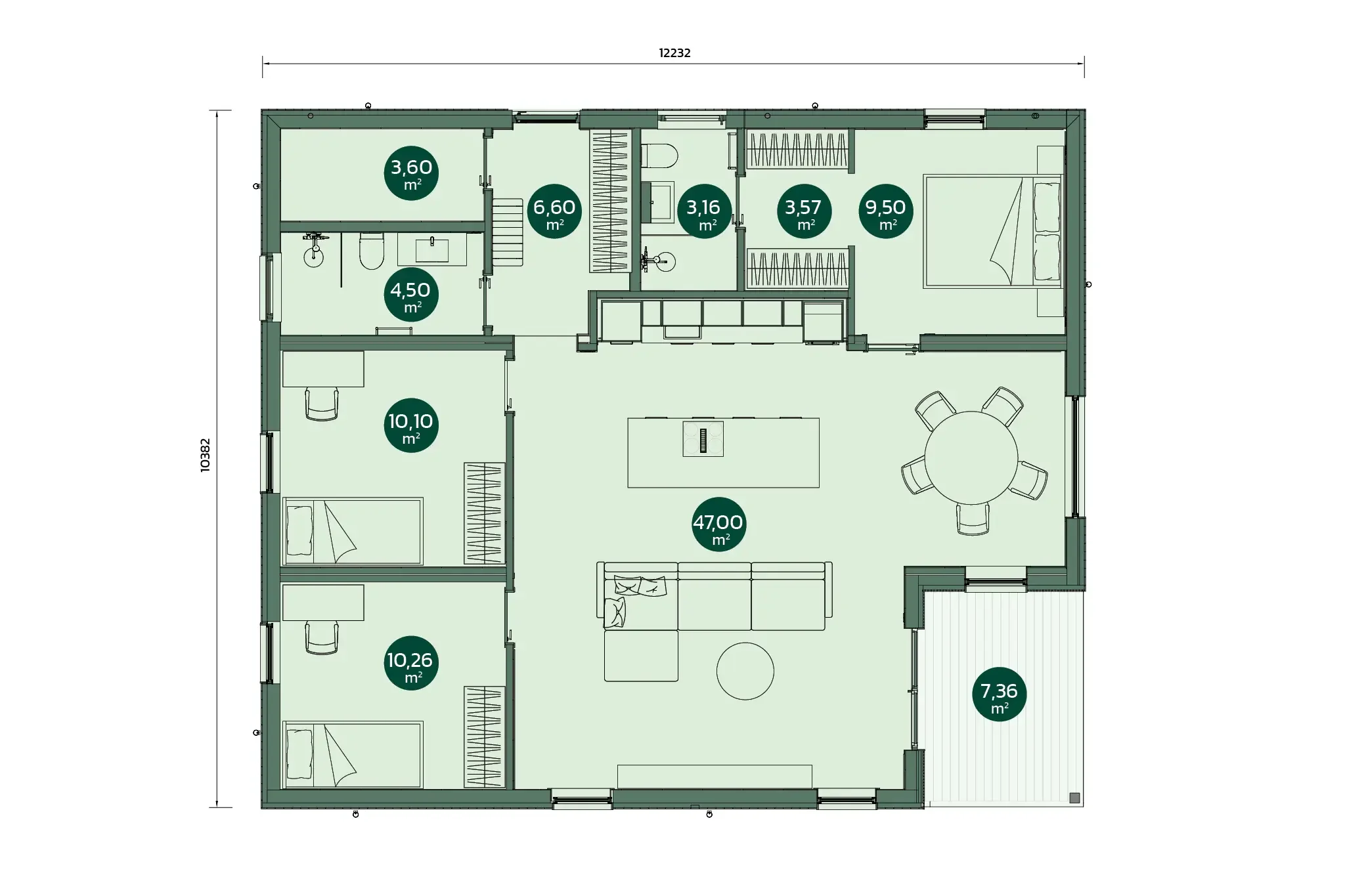 Floor plan of a house with rooms labeled with dimensions in square meters.