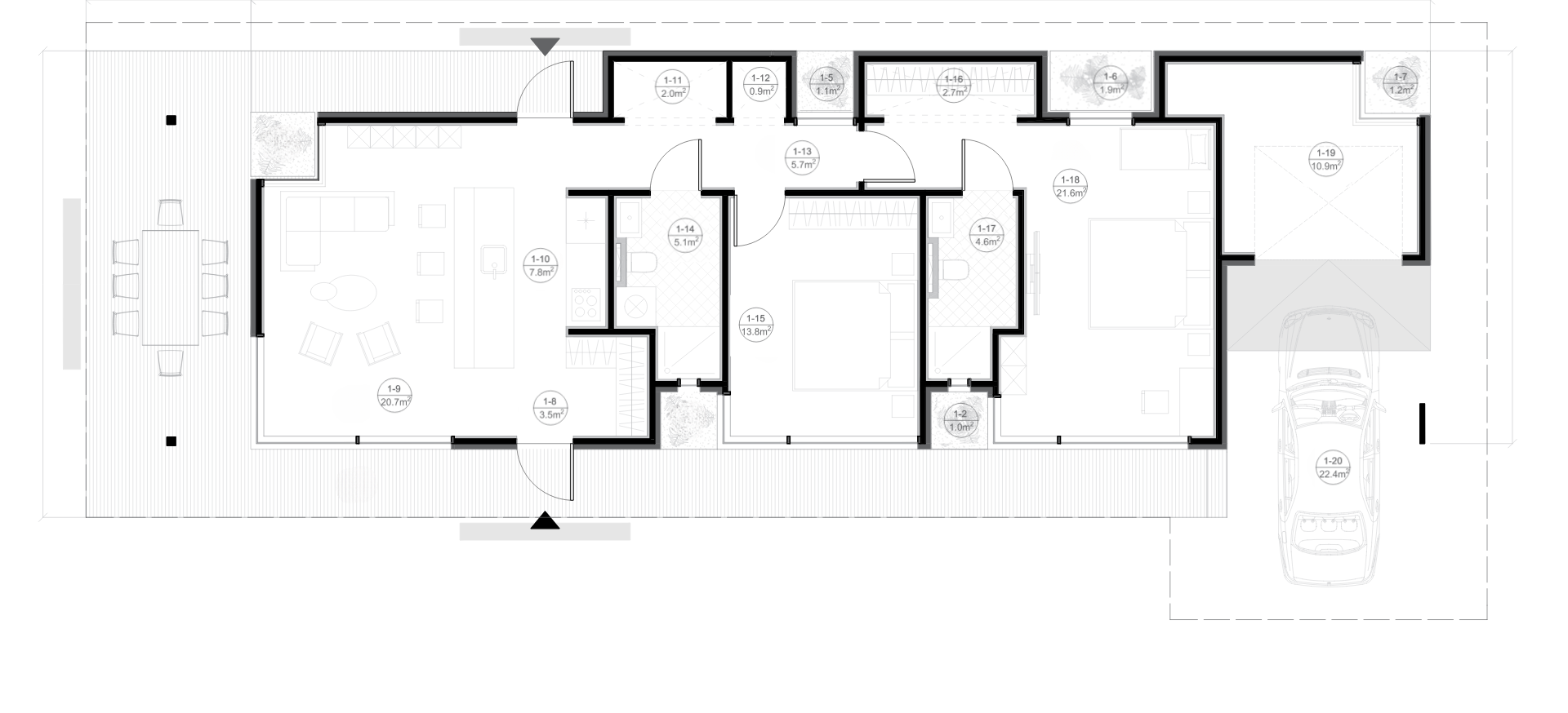 Architectural floor plan of a house showing rooms, doors, windows, and a driveway with parked cars.