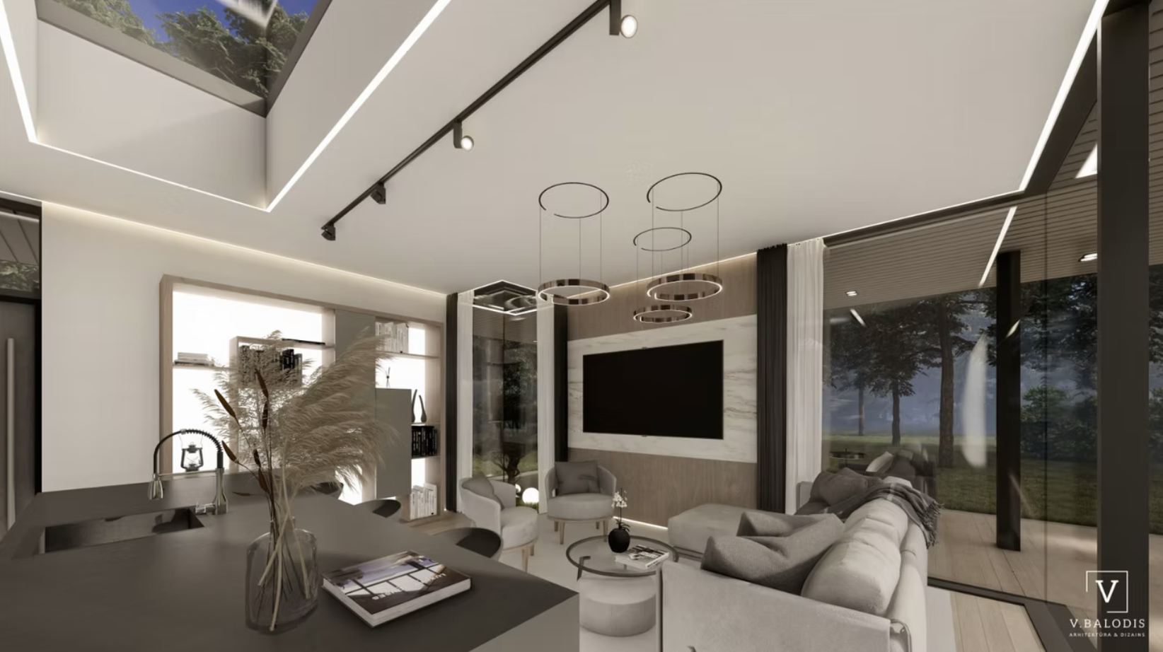 Modern living room with white sofa, armchair, coffee table, TV mounted on wall, large windows with curtains, ceiling lights, and a decorative vase with pampas grass on the dining table.