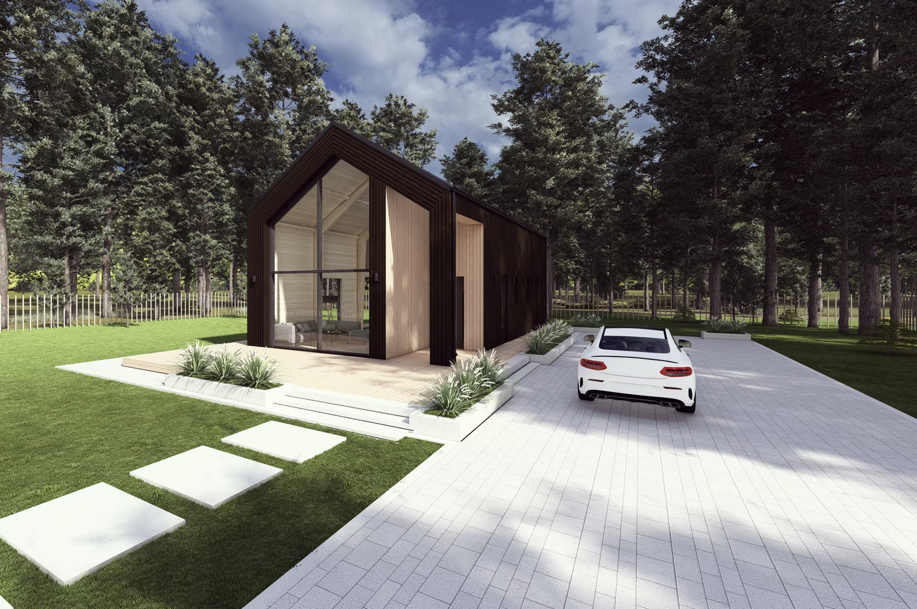 Modern tiny house with large glass front, dark wooden exterior, white couch inside, white luxury car parked on stone driveway, surrounded by green grass, garden beds, and tall trees under partly cloudy sky.