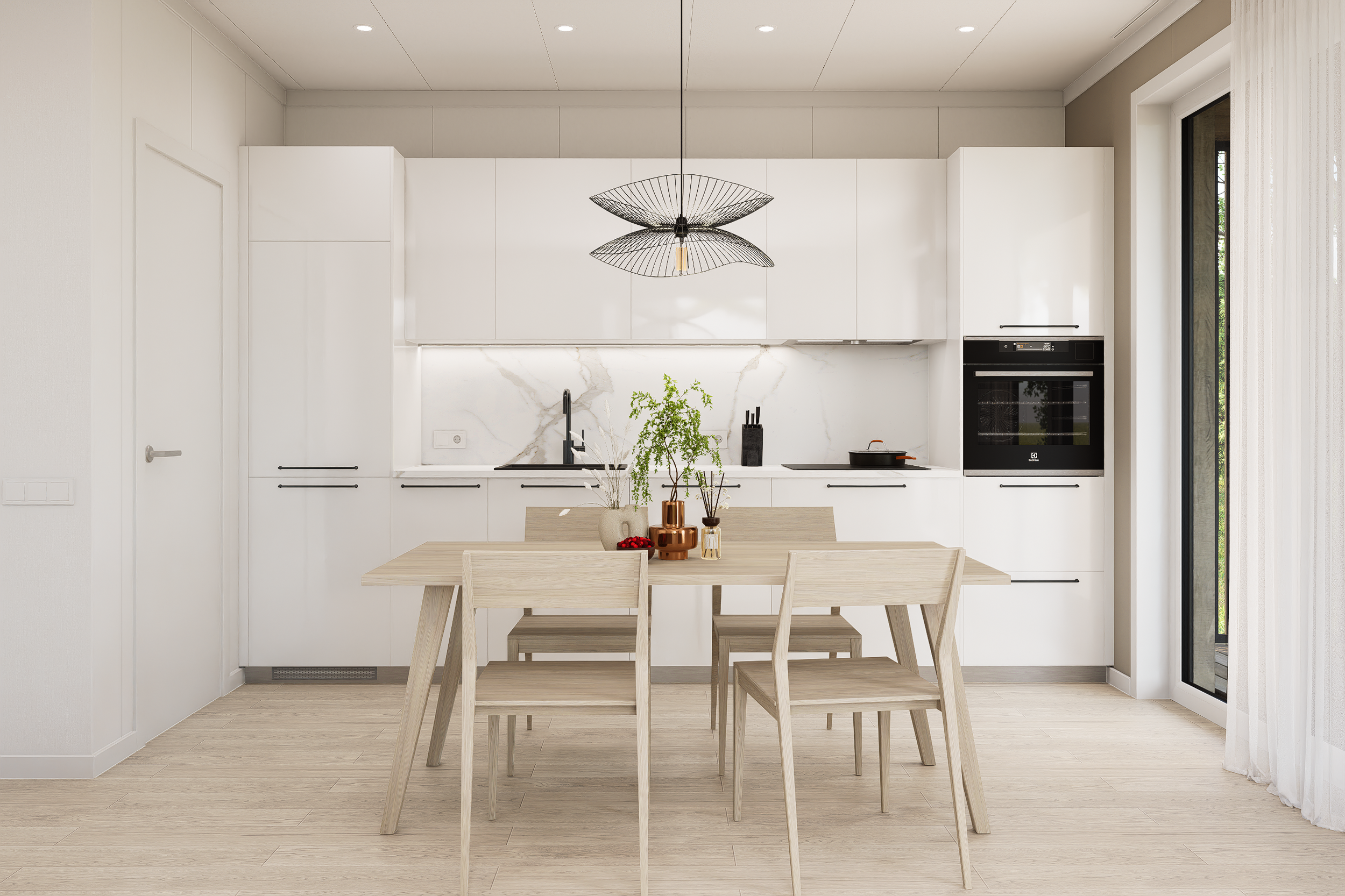 Modern kitchen with white cabinets, marble backsplash, black faucet, wooden dining table, four wooden chairs, decorative plants, pendant light fixture, large window, and sliding glass door.