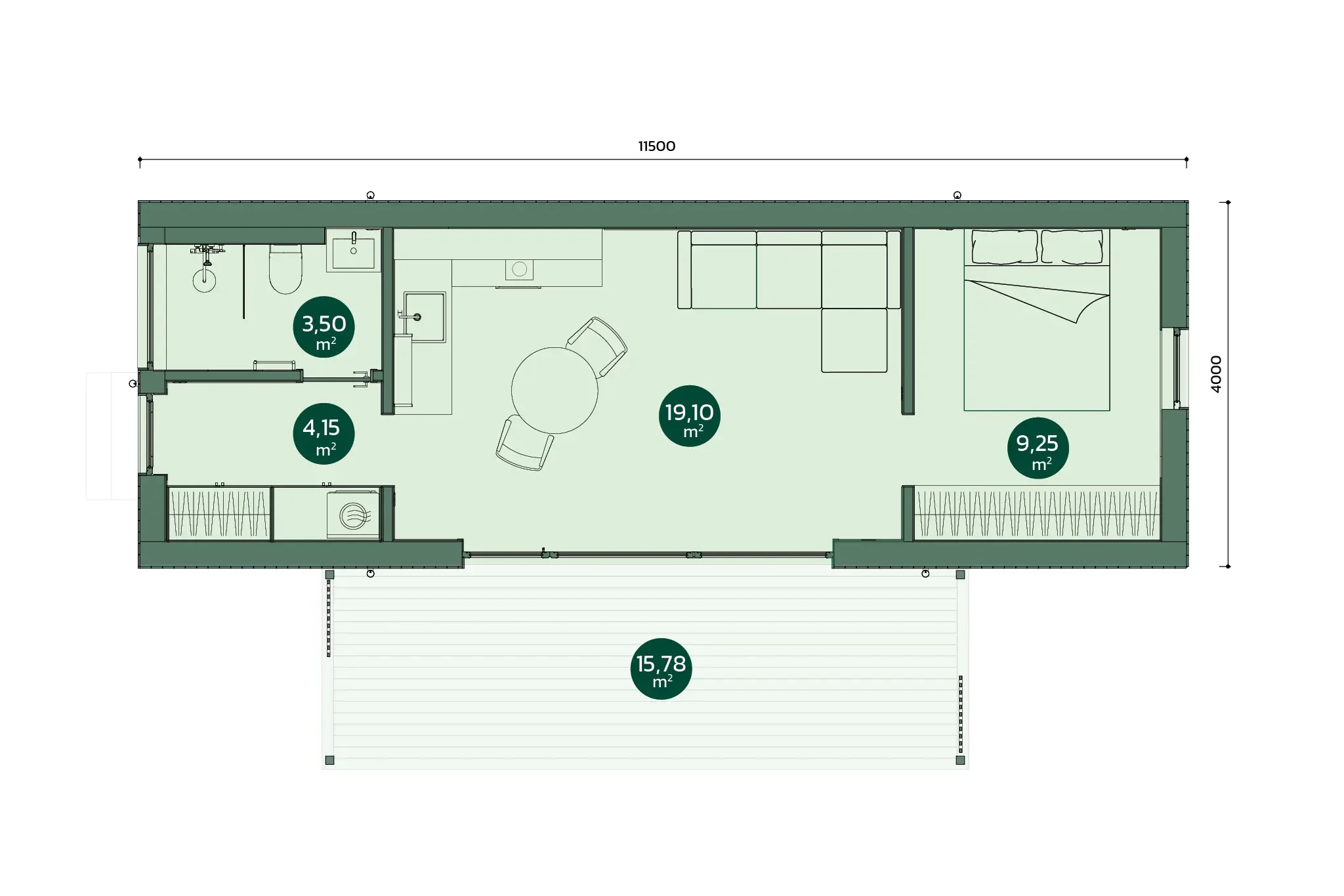 Floor plan of a small house showing a bathroom, a living area with a dining table and chairs, and a bedroom, with measurements in square meters.