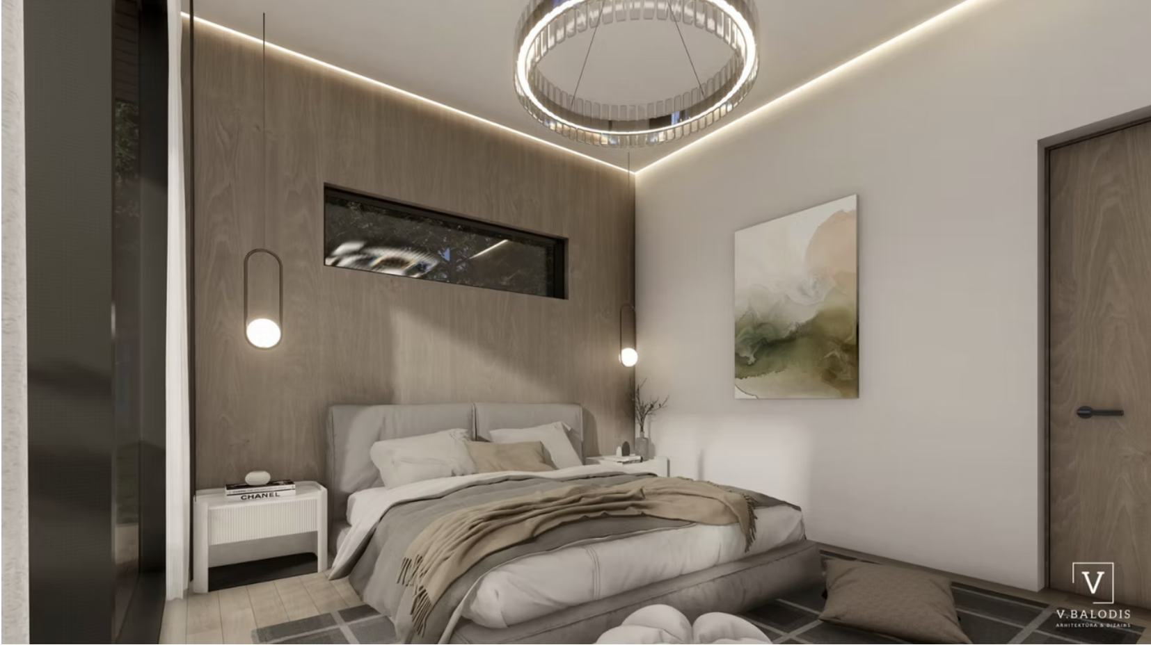 Modern bedroom with a bed dressed in beige and gray linens, flanked by white nightstands, soft hanging lights, a contemporary circular ceiling light, and abstract wall art.