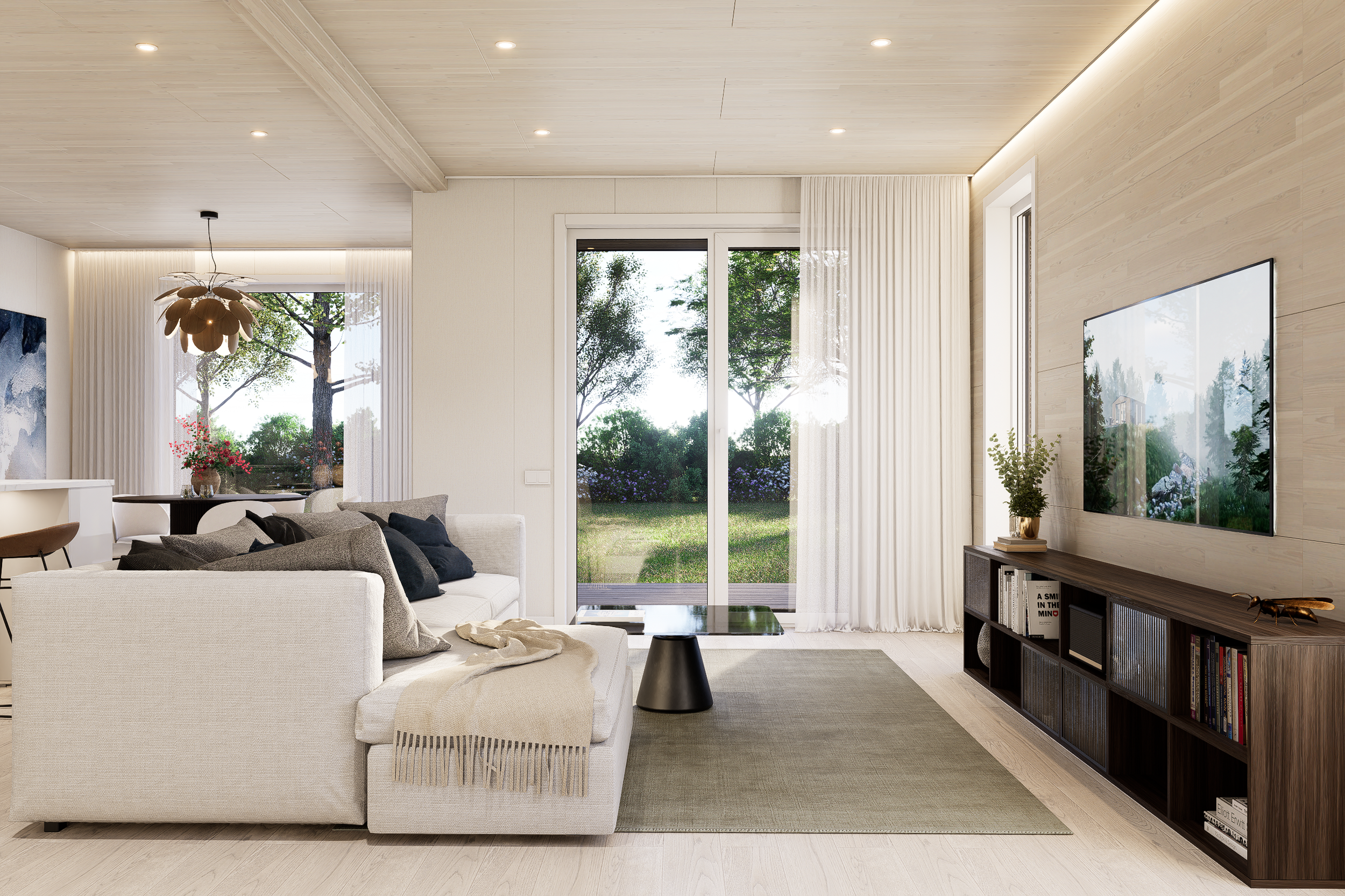 Modern living room with large windows, neutral-colored furniture, a wall-mounted TV, and a view of a garden with trees.