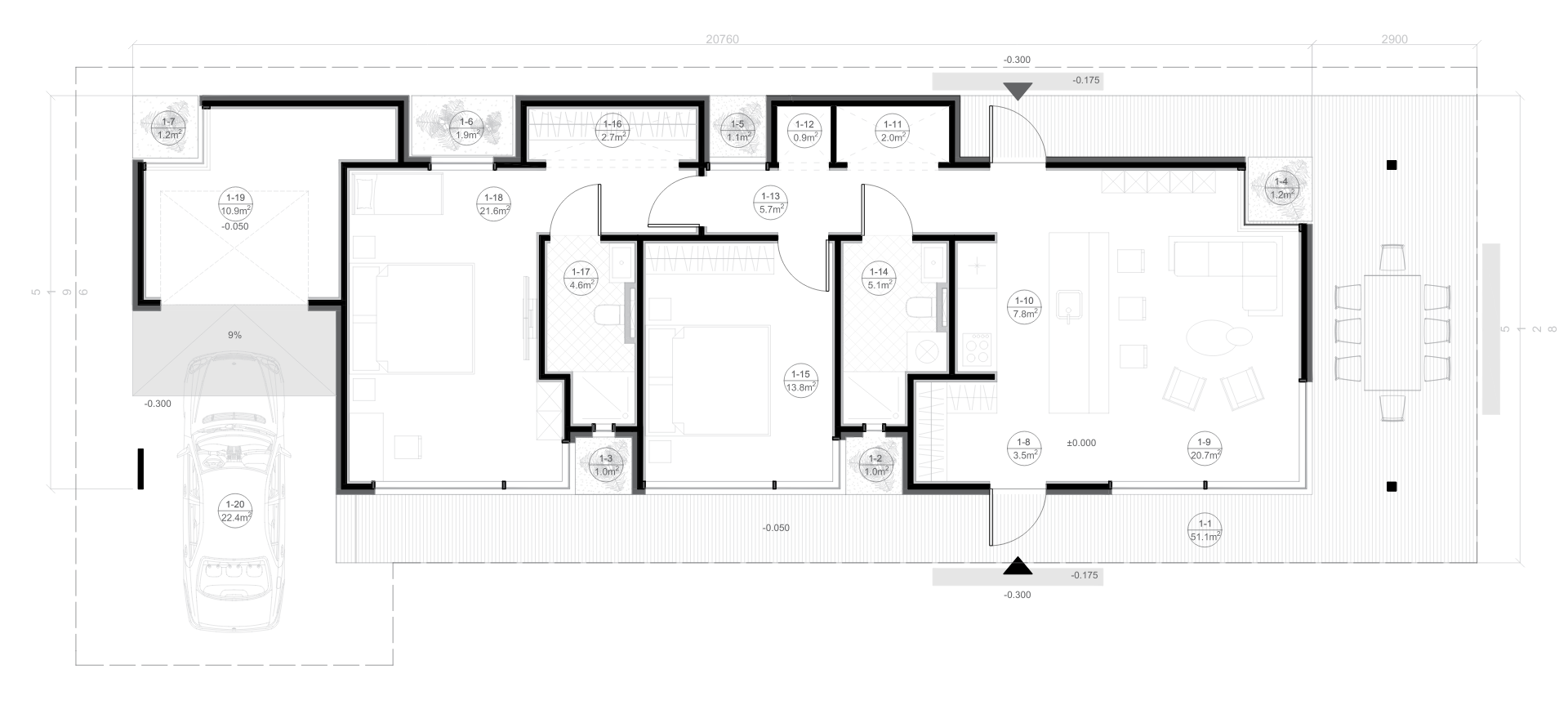 Architectural floor plan of a single-story house with labeled rooms, doors, windows, and measurements.