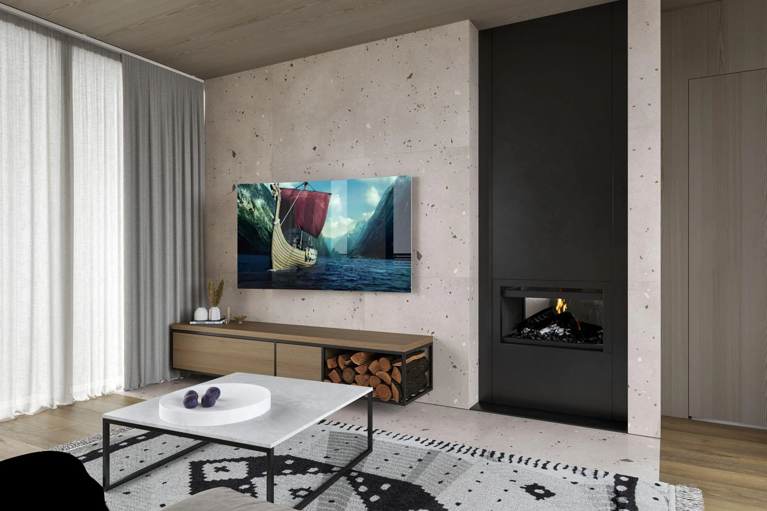 Modern living room with a mounted TV displaying a sailing boat scene, a black fireplace, and a light wood console with storage for logs. There are floor-to-ceiling white curtains, a white coffee table with three purple plums, and a black and white patterned rug.
