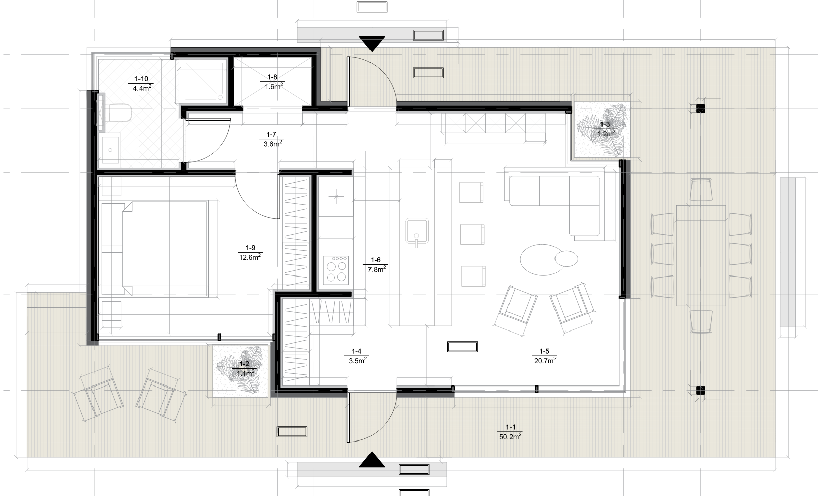 Floor plan of a house with rooms and outdoor areas, including bedrooms, bathrooms, kitchen, and living room.