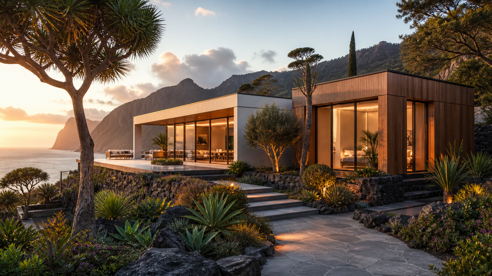 Modern house on a hillside overlooking the ocean at sunset, with large glass windows, wooden accents, and landscaped plants and rocks.