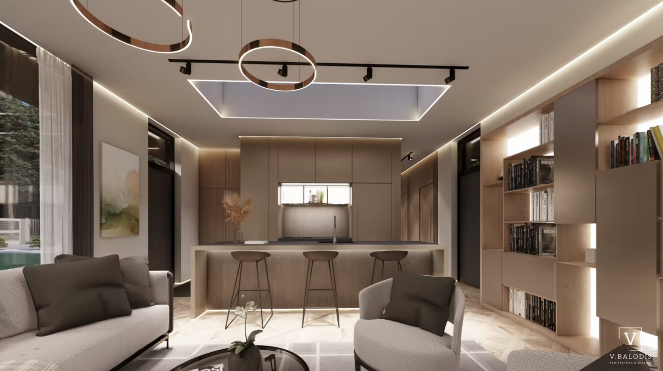 Modern living room with neutral tones, a kitchen island with bar stools, built-in bookshelves, and abstract artwork, illuminated by recessed and track lighting.