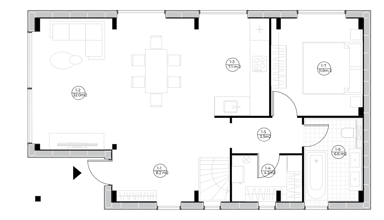 Floor plan of a residential house showing a living room, dining area, kitchen, bedroom, bathroom, and hallways with measurements for each room.