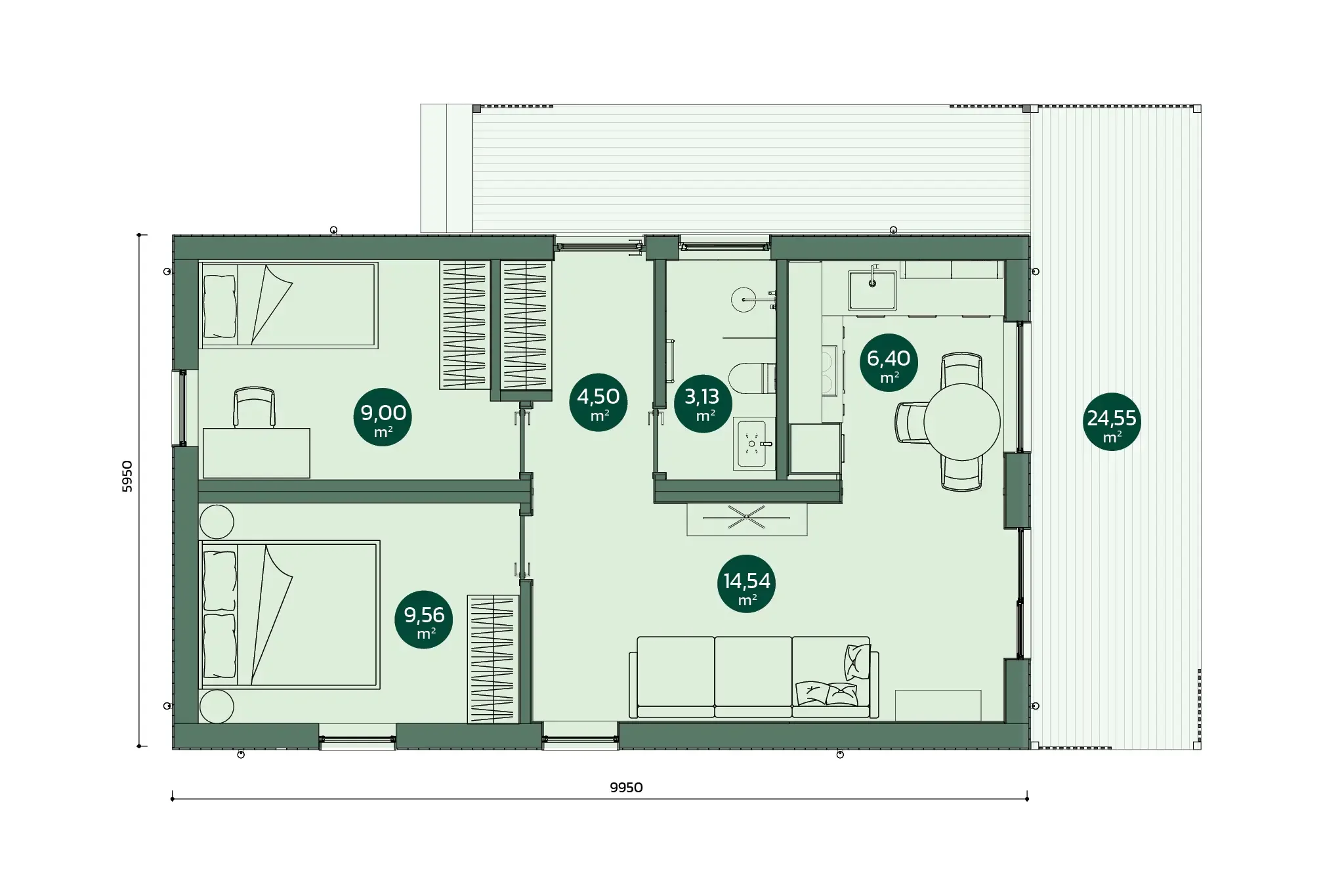 Floor plan of a house showing rooms with area in square meters, including bedrooms, bathroom, living room, kitchen, and outdoor patio.