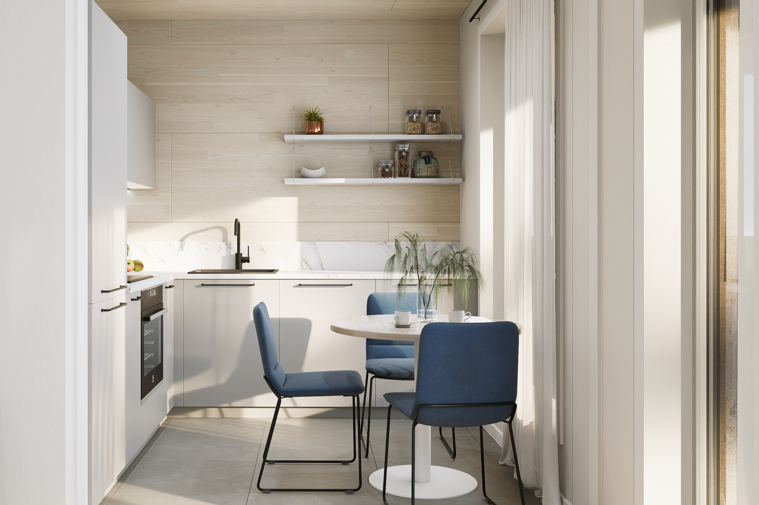 A modern kitchen with light wood paneled walls, white cabinetry, a black faucet, and a round dining table with blue chairs. There are two floating shelves with jars and a small potted plant above the sink. Large windows provide natural light.