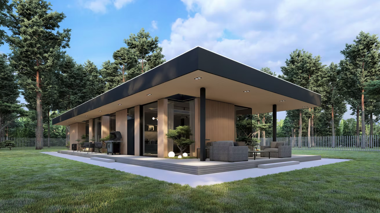 Modern single-story house with a flat roof, large porch, outdoor furniture, and grill, surrounded by trees and a grassy yard.