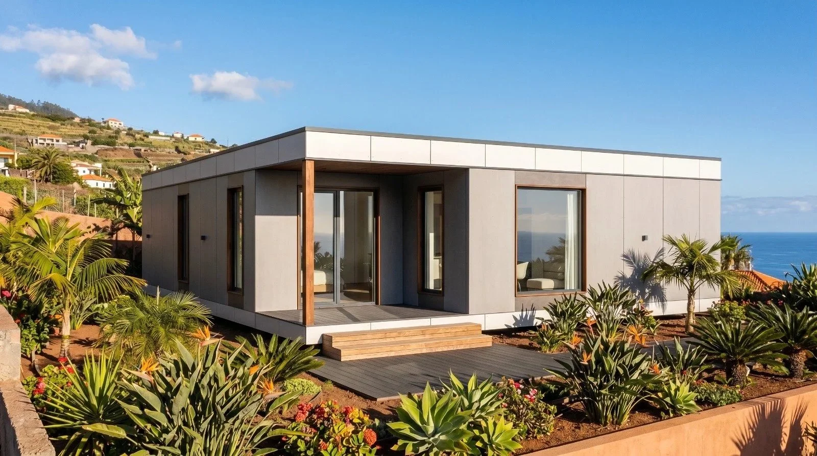 Modern single-story house on a hillside with a view of the ocean, surrounded by tropical plants and shrubs.