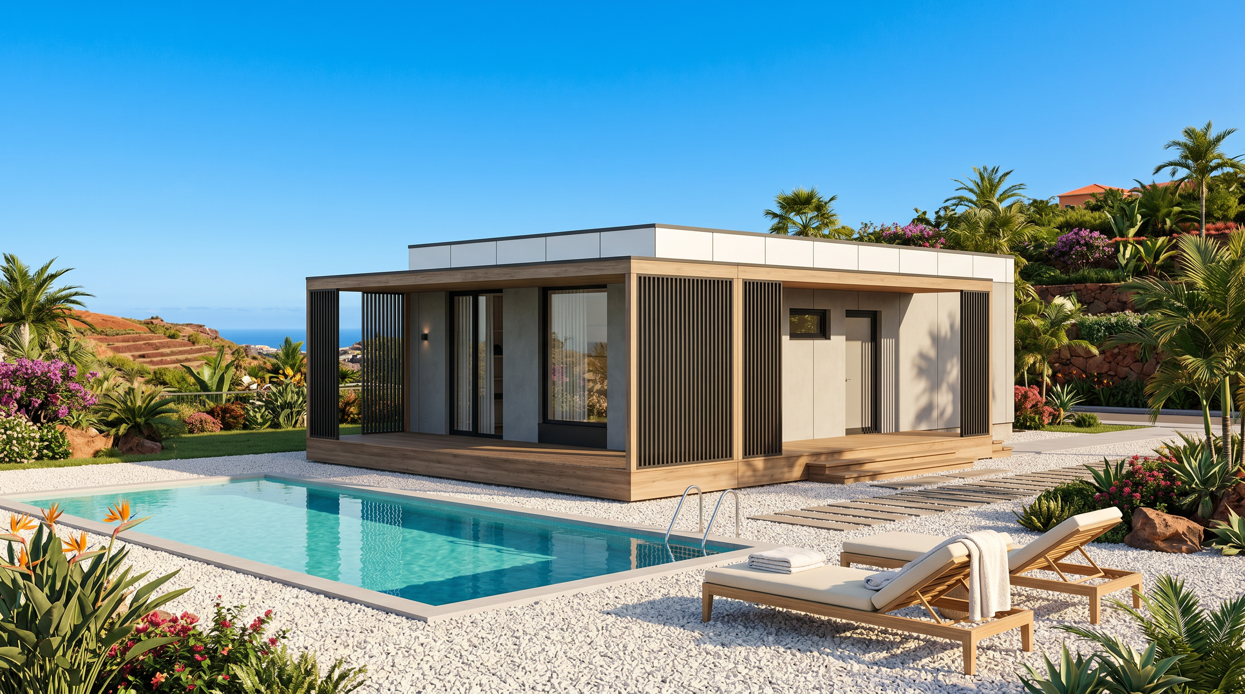 Modern small house with a flat roof, large glass sliding doors, and wood accents, situated next to a swimming pool with lounge chairs, surrounded by tropical plants and flowers, with hills and ocean in the background under a clear blue sky.