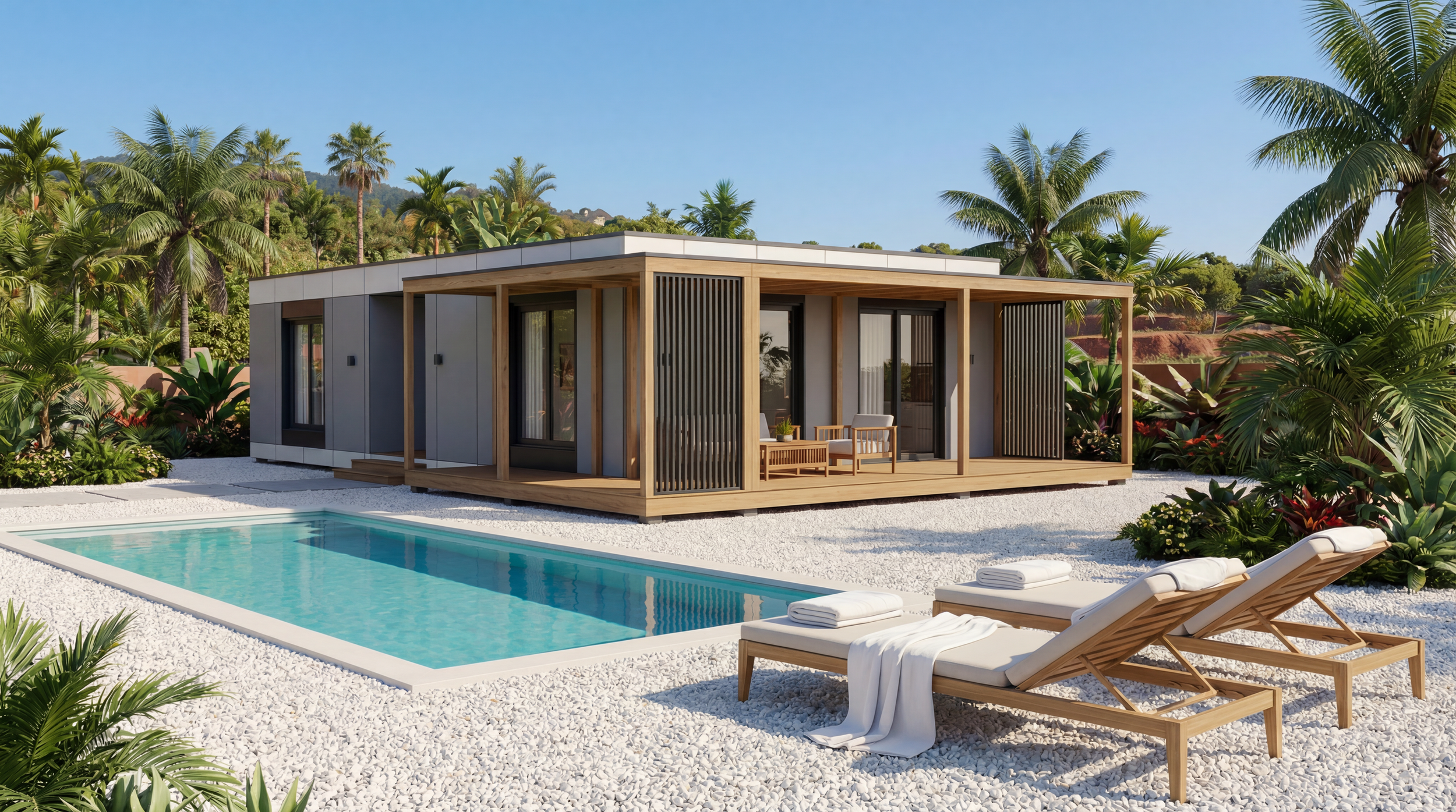 Modern tiny house with a wooden deck, surrounded by tropical plants, with a swimming pool and lounge chairs in the backyard.