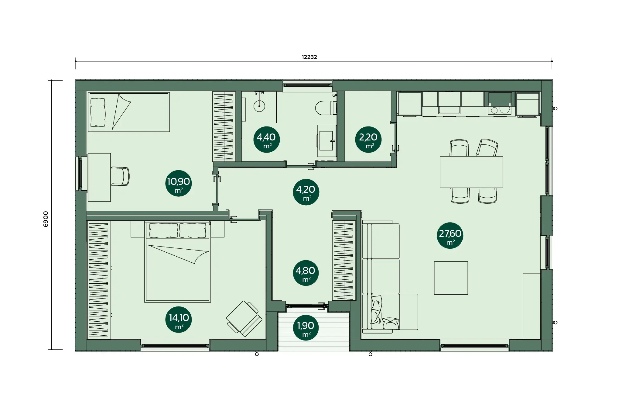 Floor plan of a house showing various rooms with their respective area measurements in square meters, including bedrooms, living areas, kitchen, bathroom, and other interior spaces.