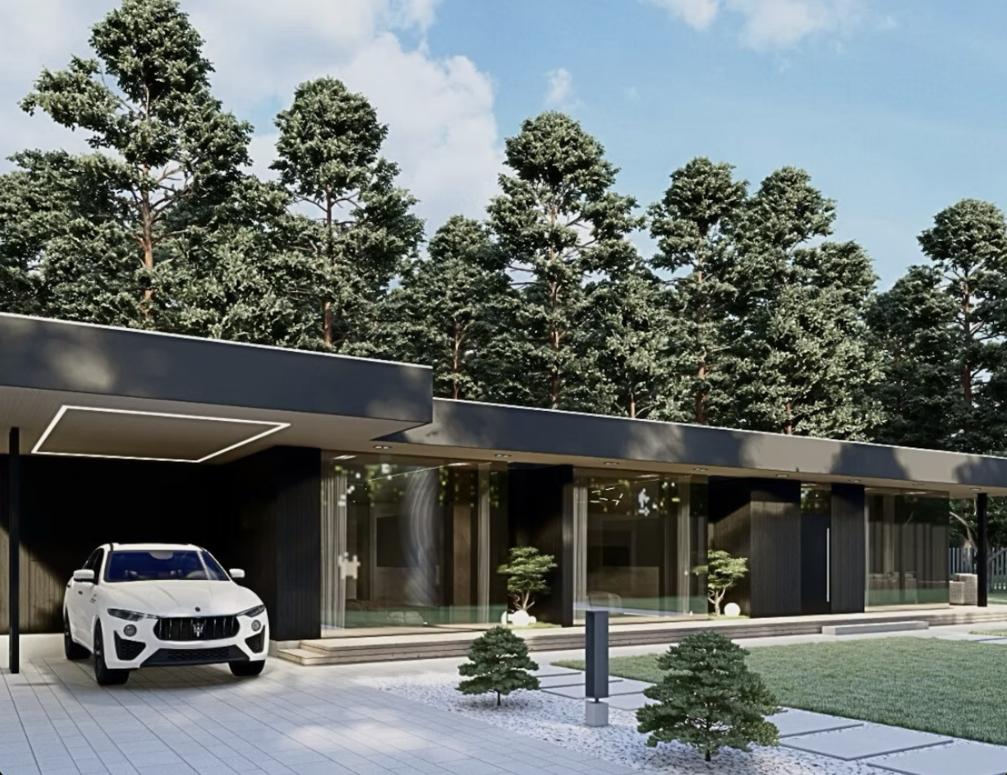 Modern house with black exterior, large glass windows, and a white sports car parked in front, surrounded by small manicured trees, with a backdrop of tall trees and blue sky.