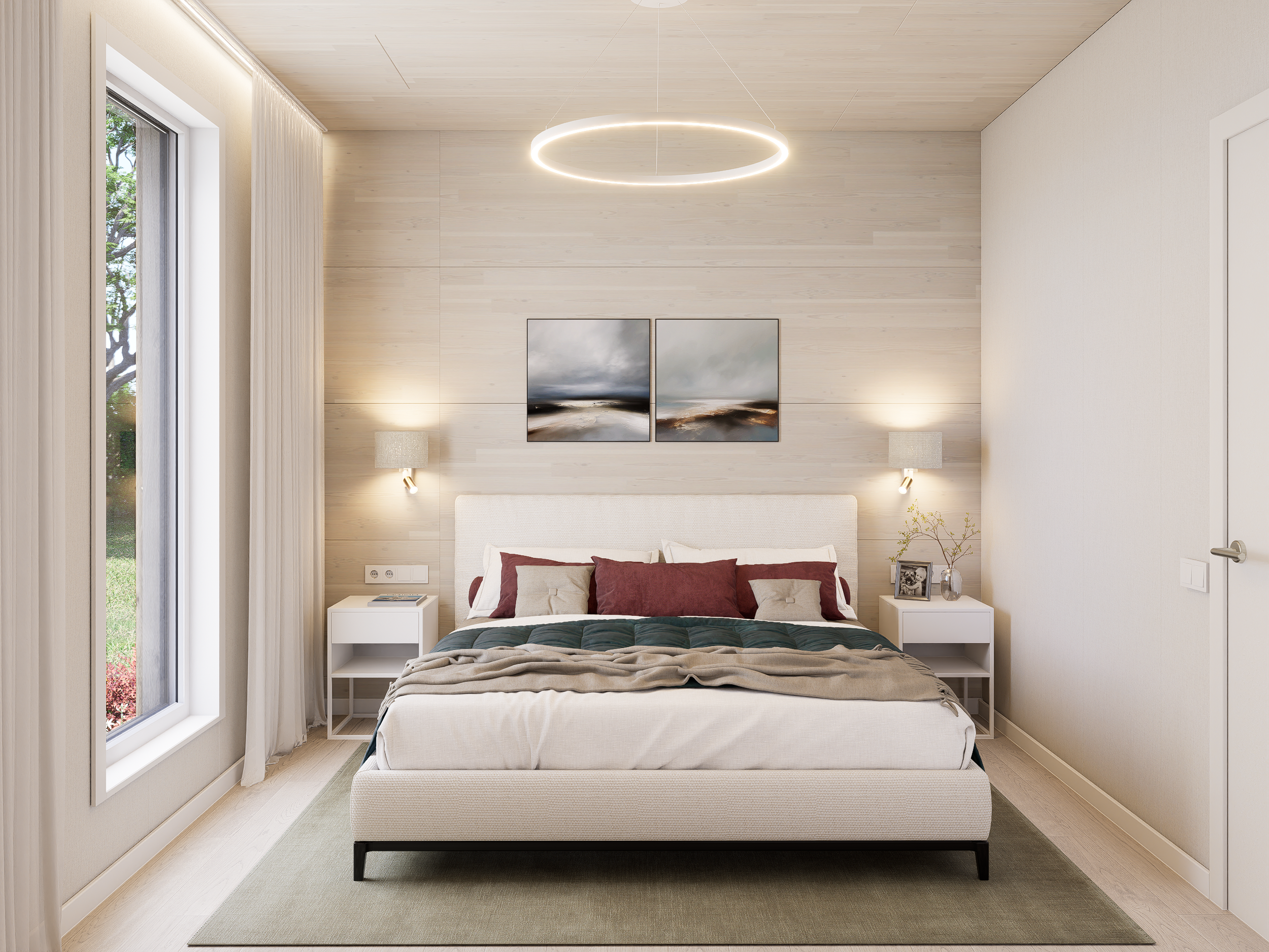 A bedroom with light wood walls and ceiling, a large window with white curtains, a circle modern LED ceiling light, two landscape paintings above the bed, beige bed with pillows, two white nightstands with lamps and decorative items, and a green rug on the floor.