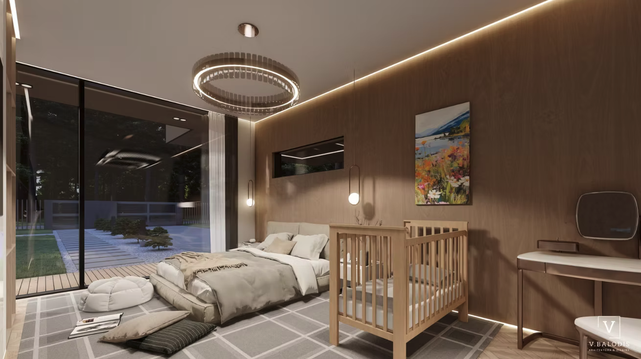 Modern bedroom with a large window, wooden accent wall, and contemporary lighting fixtures. Features a bed with pillows and a blanket, a wooden crib, framed artwork, and a small table with a TV. The room has a ceiling light fixture and soft ambient lighting.