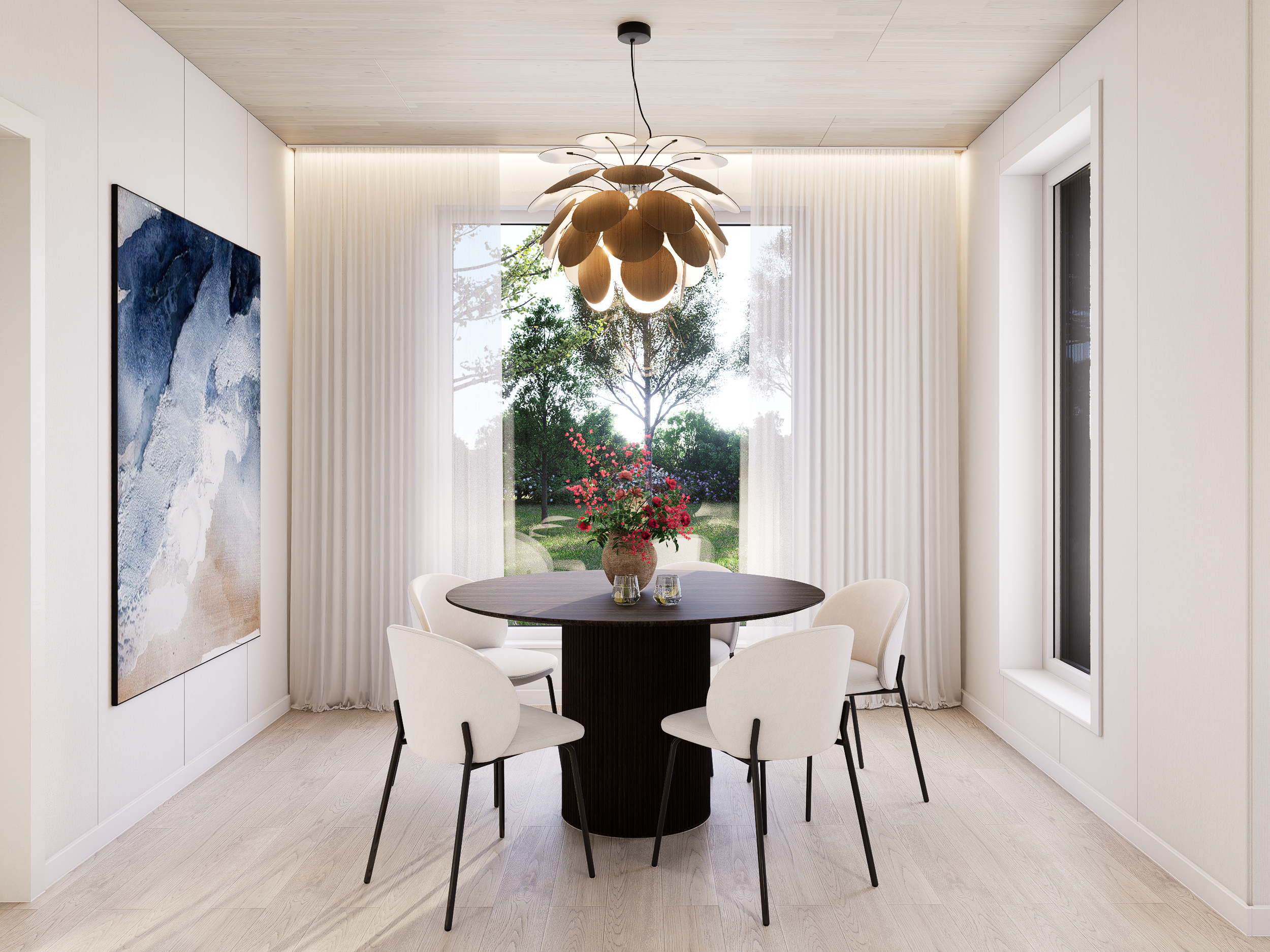 Modern dining room with a round table, six white chairs, a large window with sheer curtains, a decorative wooden chandelier, and a large abstract painting on the wall. There's a view of a garden with trees and flowers outside.