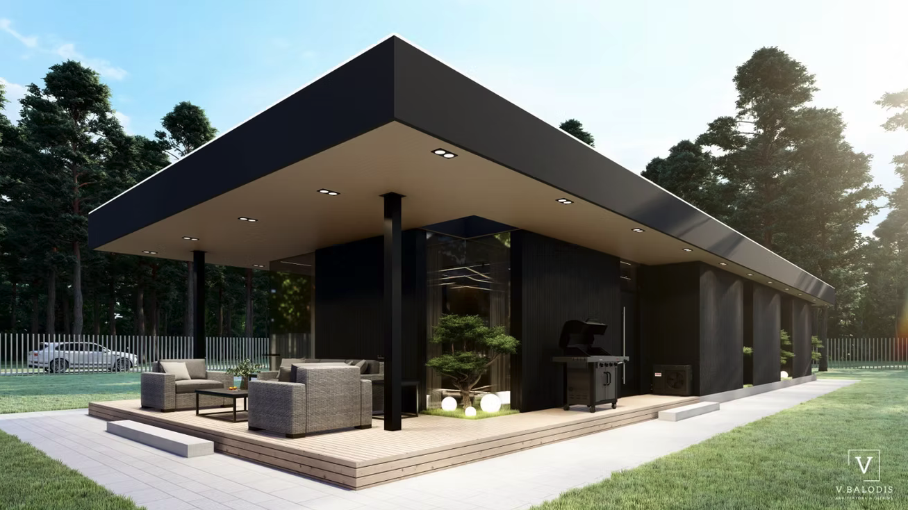 Modern black house with patio furniture, grill, and outdoor lighting, surrounded by grass and trees.
