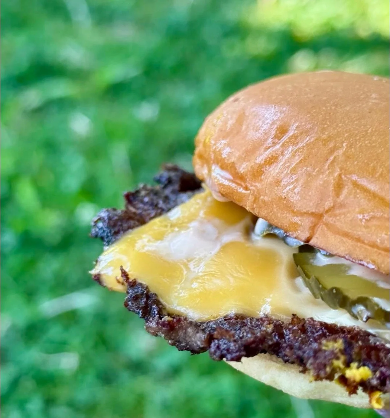 Close-up of a cheeseburger with a toasted bun, melted cheese, a fried egg, and a beef patty, set against a blurred green outdoor background.