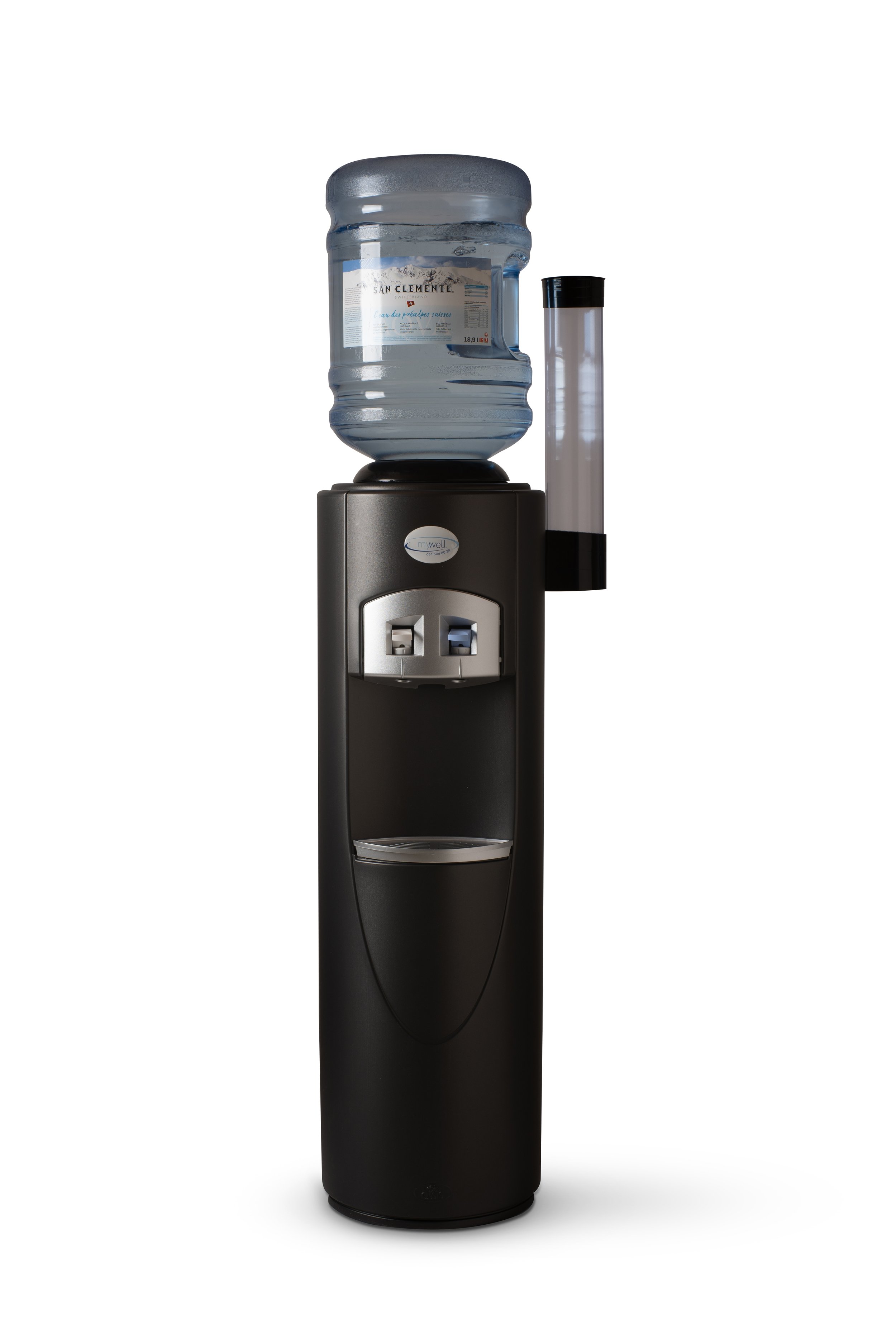 Ein Trinkwasserspender mit einer großen Wasserflasche oben und einem Wasserfilter an der Seite.