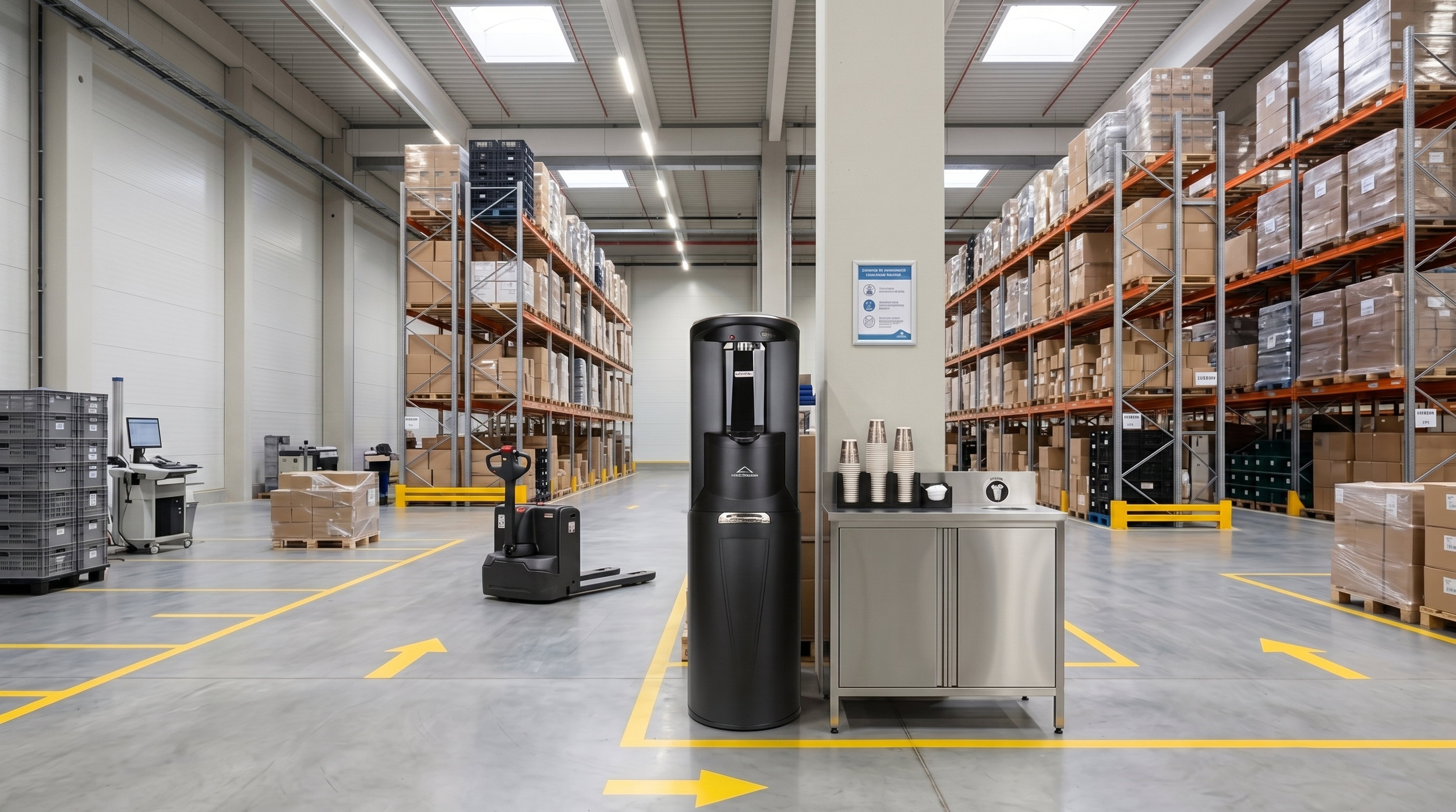 Lagerhalle mit Regalen voller Kartons, Förderfahrzeug und Trinkwasserspender an einem unbenannten Ort.