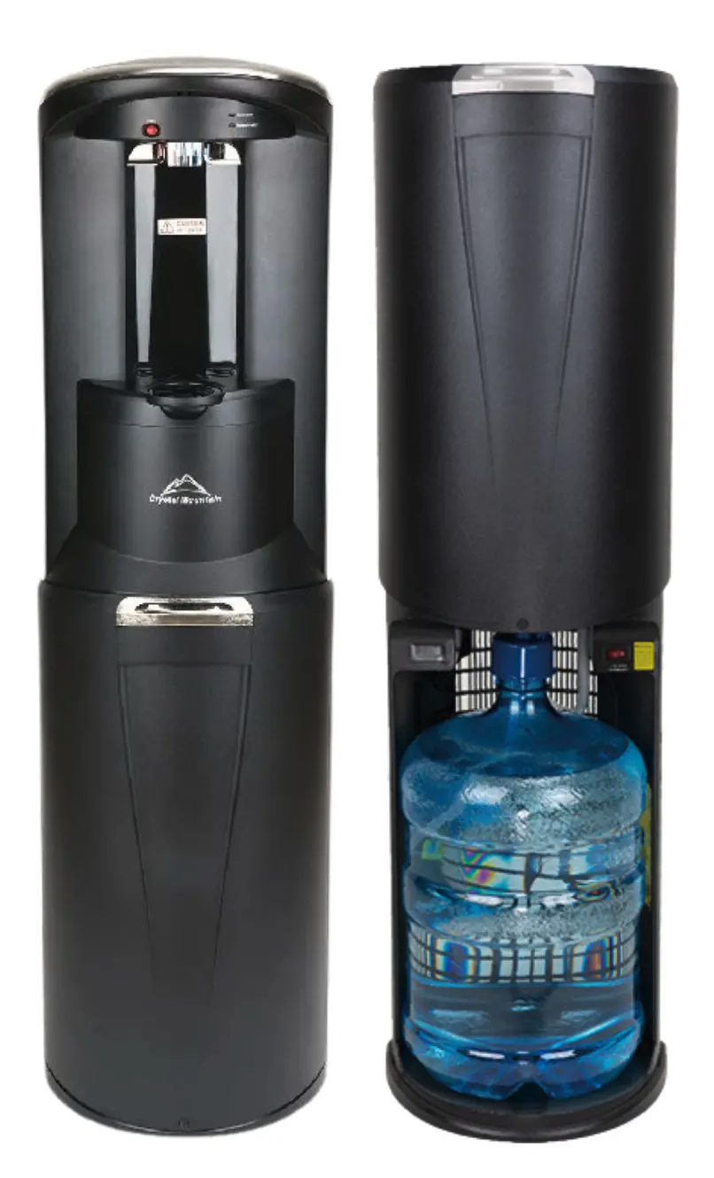 Zwei Wasser-Spendersysteme, eines mit Wasserflasche, das andere ohne, beide schwarz, mit Wasserflasche im unteren Teil.