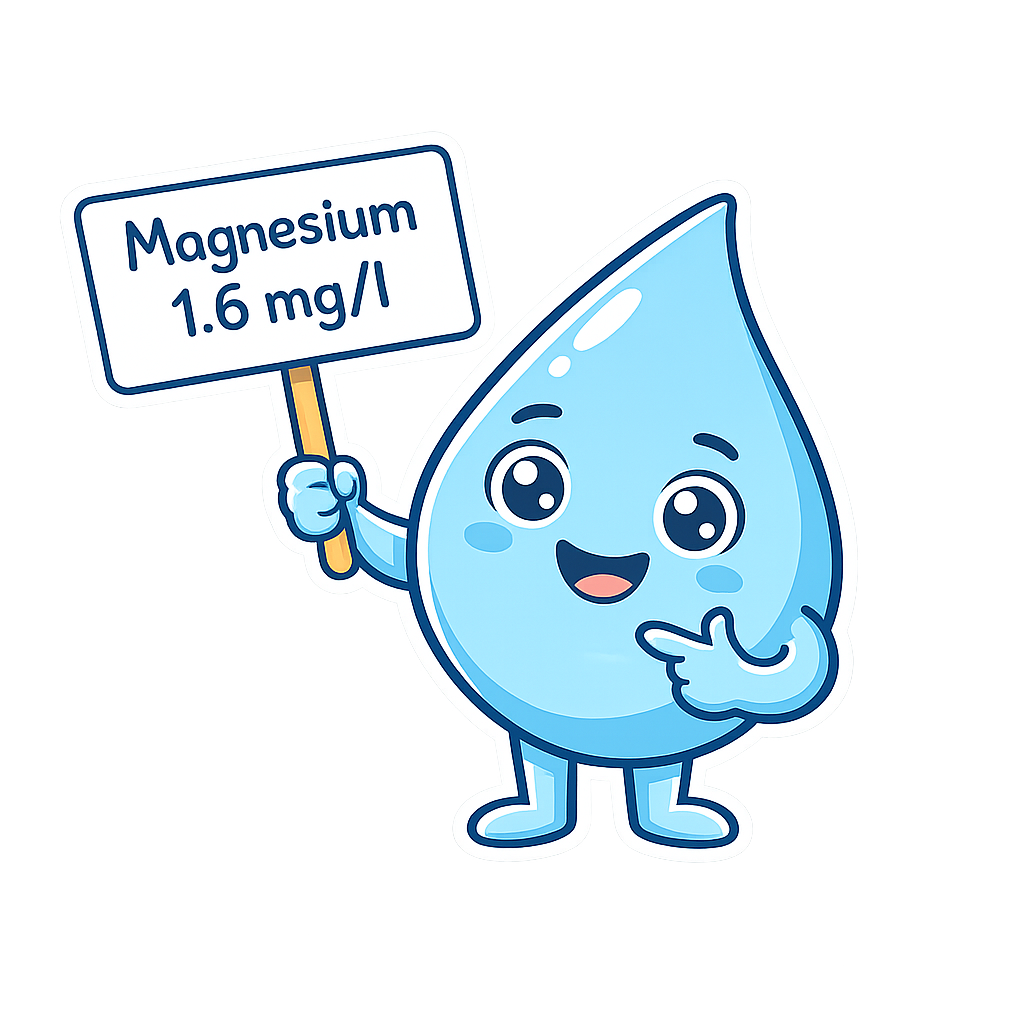 Cartoon-Wassertröpfchen hält ein Schild mit der Aufschrift 'Magnesium 1.6 mg/l'.