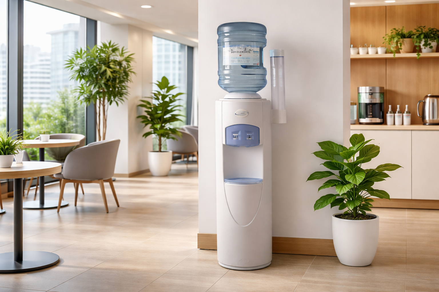 Wasserspender in einem modernen, hellen Raum mit Pflanzen und Sitzgelegenheiten.