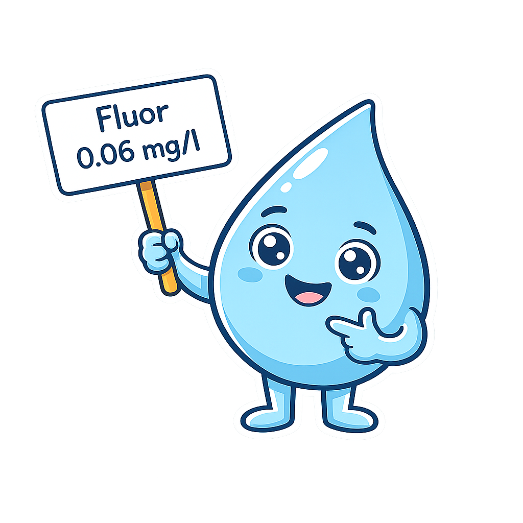 Ein cartoonartiges Wassertropfen mit einem lachenden Gesicht, das ein Schild hält, auf dem steht 'Fluor 0,06 mg/l'.
