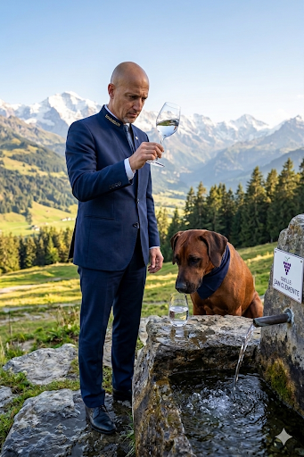Ein Wassersommelier in einem blauen Anzug steht im Freien bei einer Wasserquelle, hält ein Glas Wasser und testet es, während ein Hund neben einem Wasserbrunnen sitzt. Der Hintergrund zeigt Berge und einen Wald.