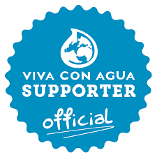 Blaues Logo mit Wasserwappen und Text 'Viva Con Agua Supporter offiziel'