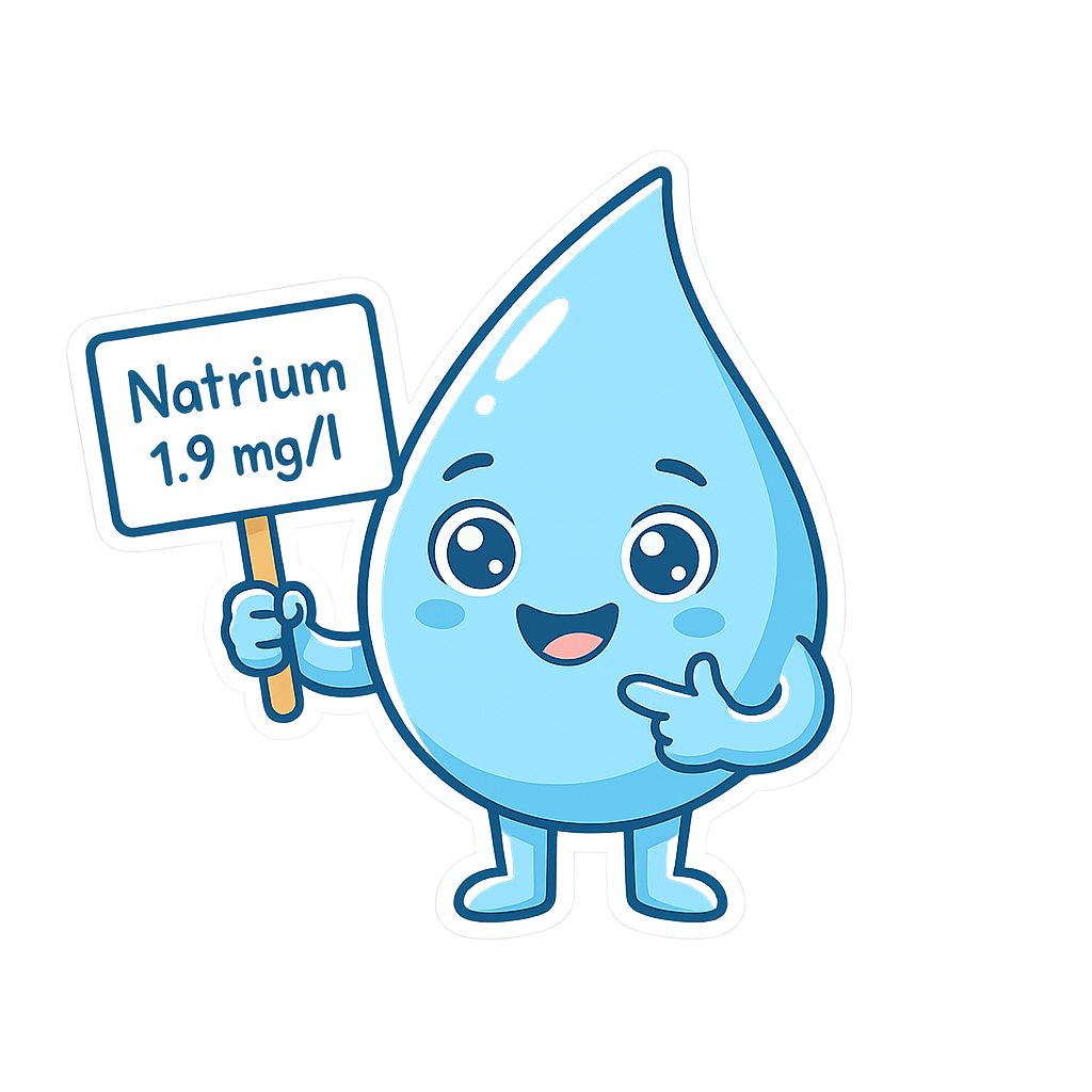 Eine Cartoon-Illustration eines Wassertröpfchens mit einem lächelnden Gesicht, das ein Schild mit der Aufschrift ‚Natrium 1,9 mg/l‘ hält.