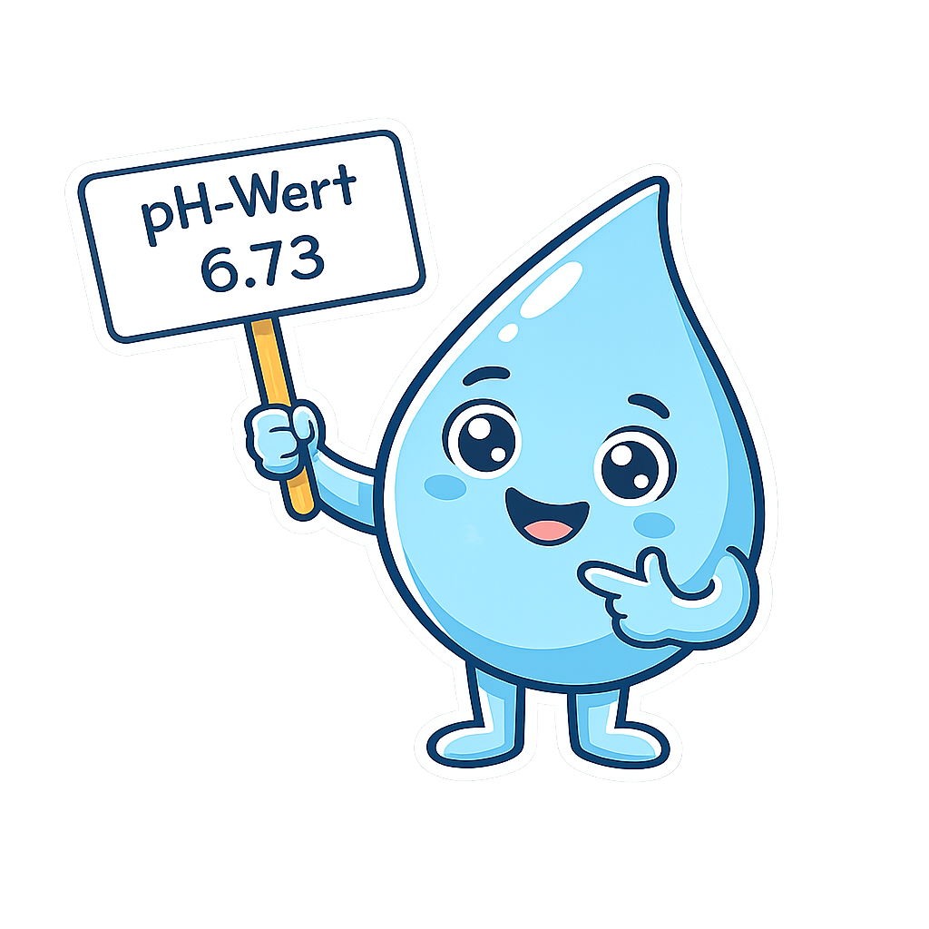 Ein fröhlicher Wasser-Tropfen mit großen Augen und Lächeln, hält ein Schild mit der Aufschrift «pH-Wert 6.73».
