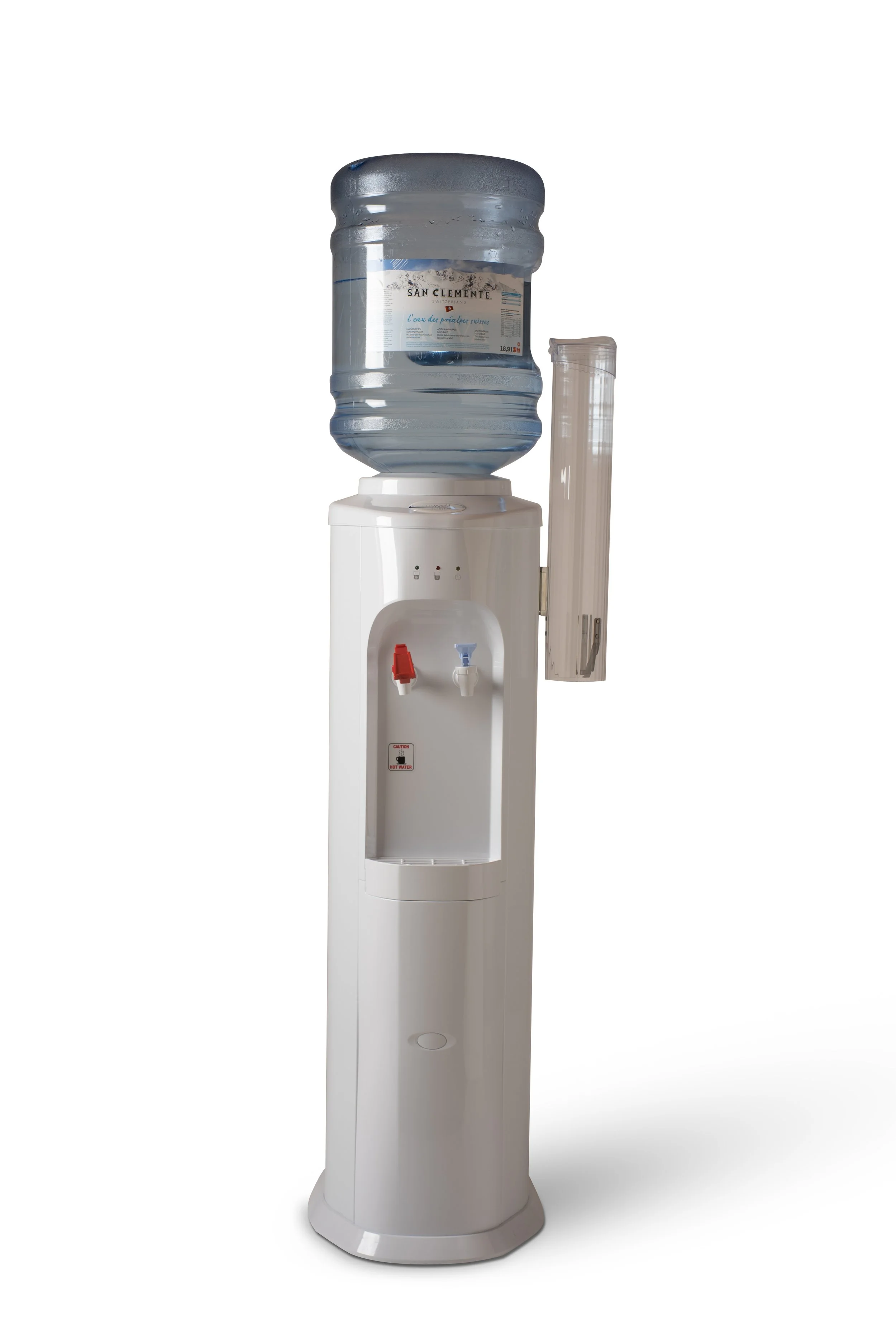 Ein Trinkwasserspender mit einem großen Wasserbehälter, einer Ausgabetaste und einem Wasserhahn, der bereit ist, um Wasser zu liefern.