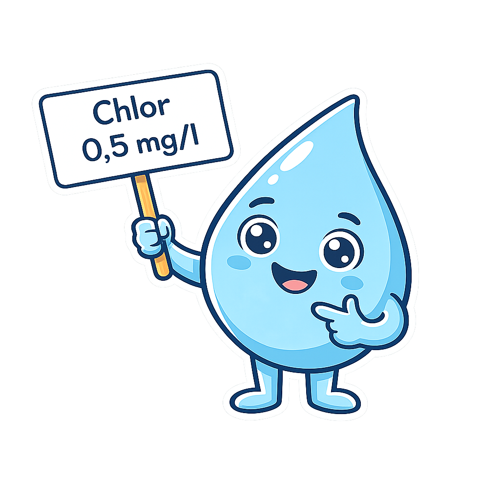 Illustration eines fröhlichen Wassertröpfchens, das ein Schild mit der Aufschrift 'Chlor 0,5 mg/l' hält.