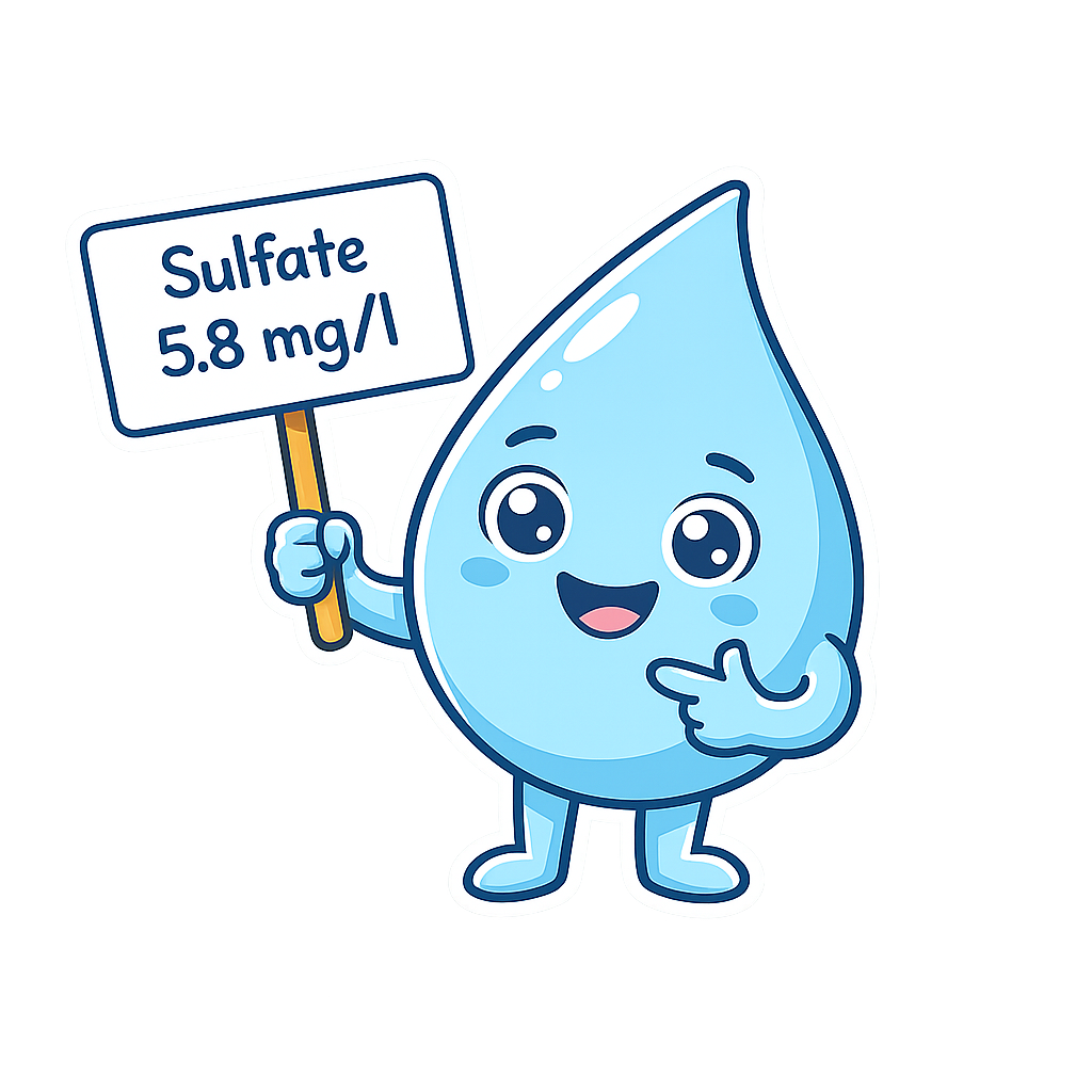 Ein fröhlicher Wassertröpfchen-Charakter hält ein Schild mit dem Text 'Sulfat 5.8 mg/l'.
