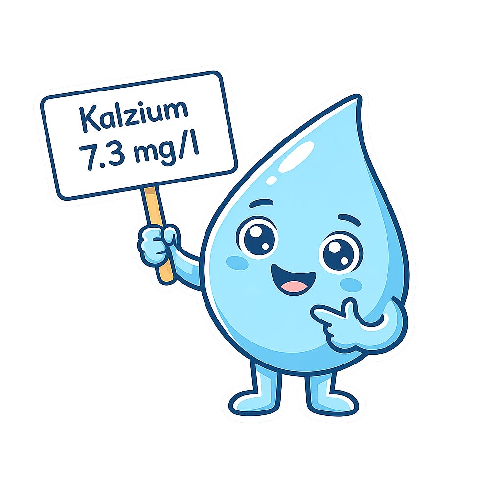 Cartoon-Wassermolekül hält ein Schild mit der Aufschrift „Kalzium 7,3 mg/l“.