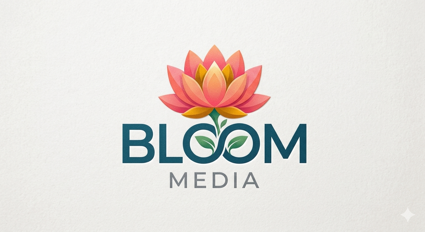 A logo for BLOOM MEDIA featuring a pink and orange lotus flower above the text, with the letter 'O' stylized as a green blooming flower. The background is light gray.