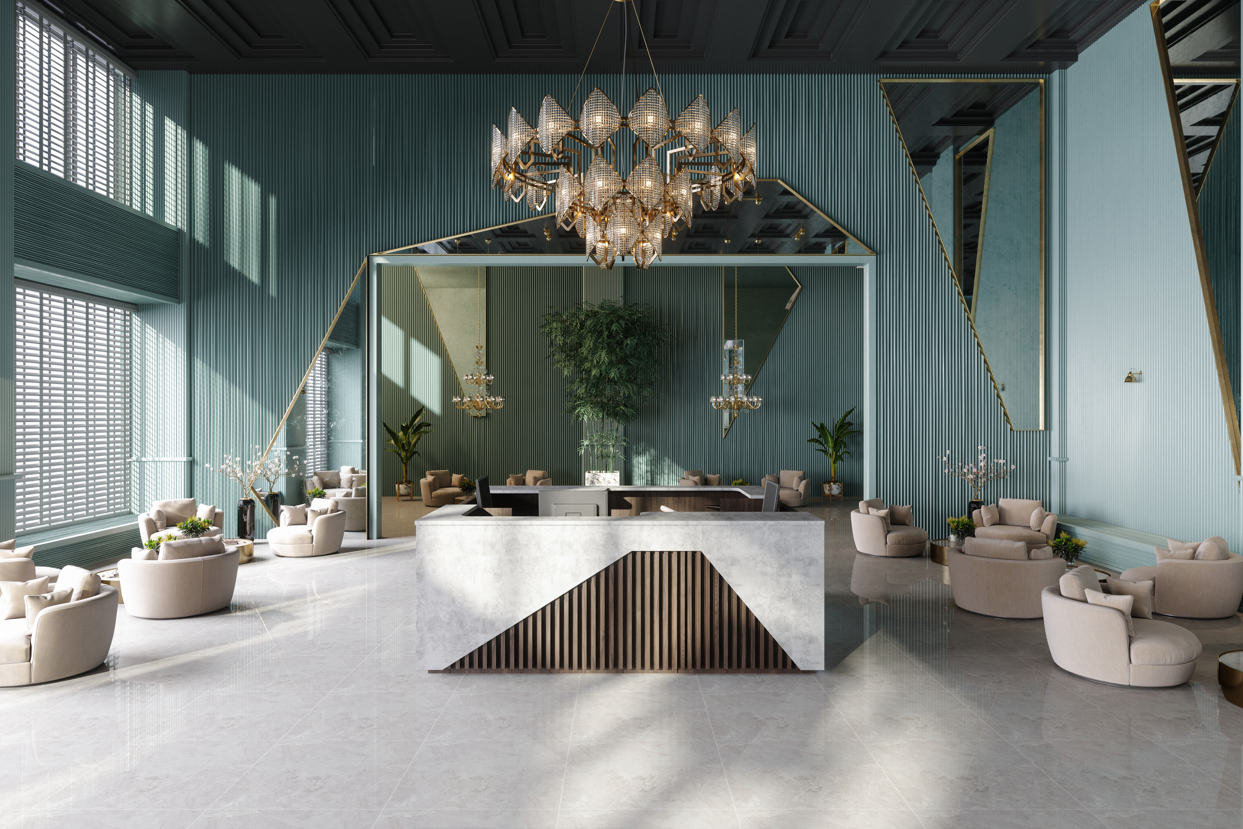 Interior of a modern hotel lobby with plush beige armchairs, a white reception desk, large windows with blinds, green textured walls, and a grand chandelier hanging from the ceiling.