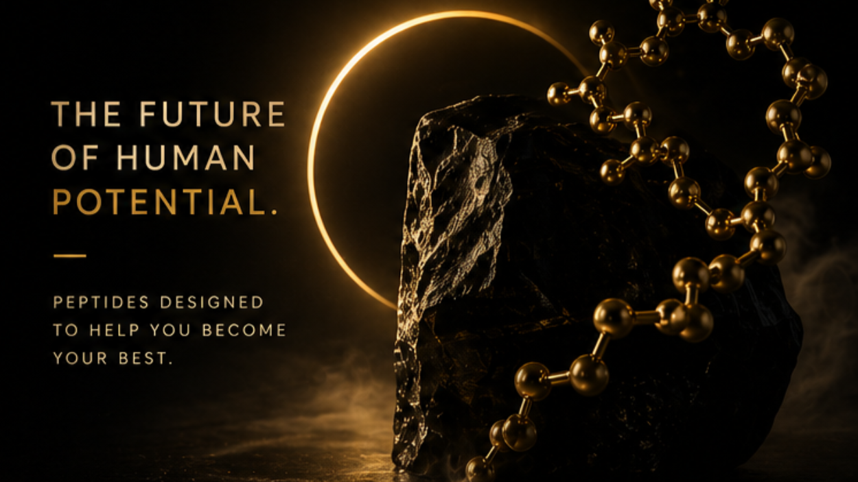A dark background with a black rock, a glowing gold circular arc, and a gold molecular chain. Text reads: "The future of human potential. Peptides designed to help you become your best."