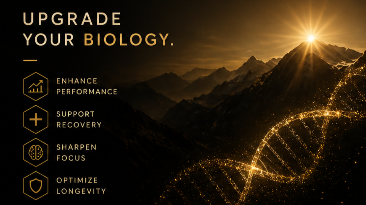 Black background with golden mountains and a glowing sun, overlaid with text encouraging to upgrade biology, highlighting benefits like enhanced performance, support recovery, sharpen focus, and optimize longevity, with icons for each benefit.