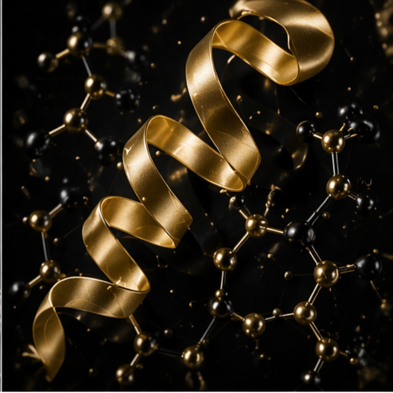 Gold ribbon curled among black and gold molecular structures on a black background.