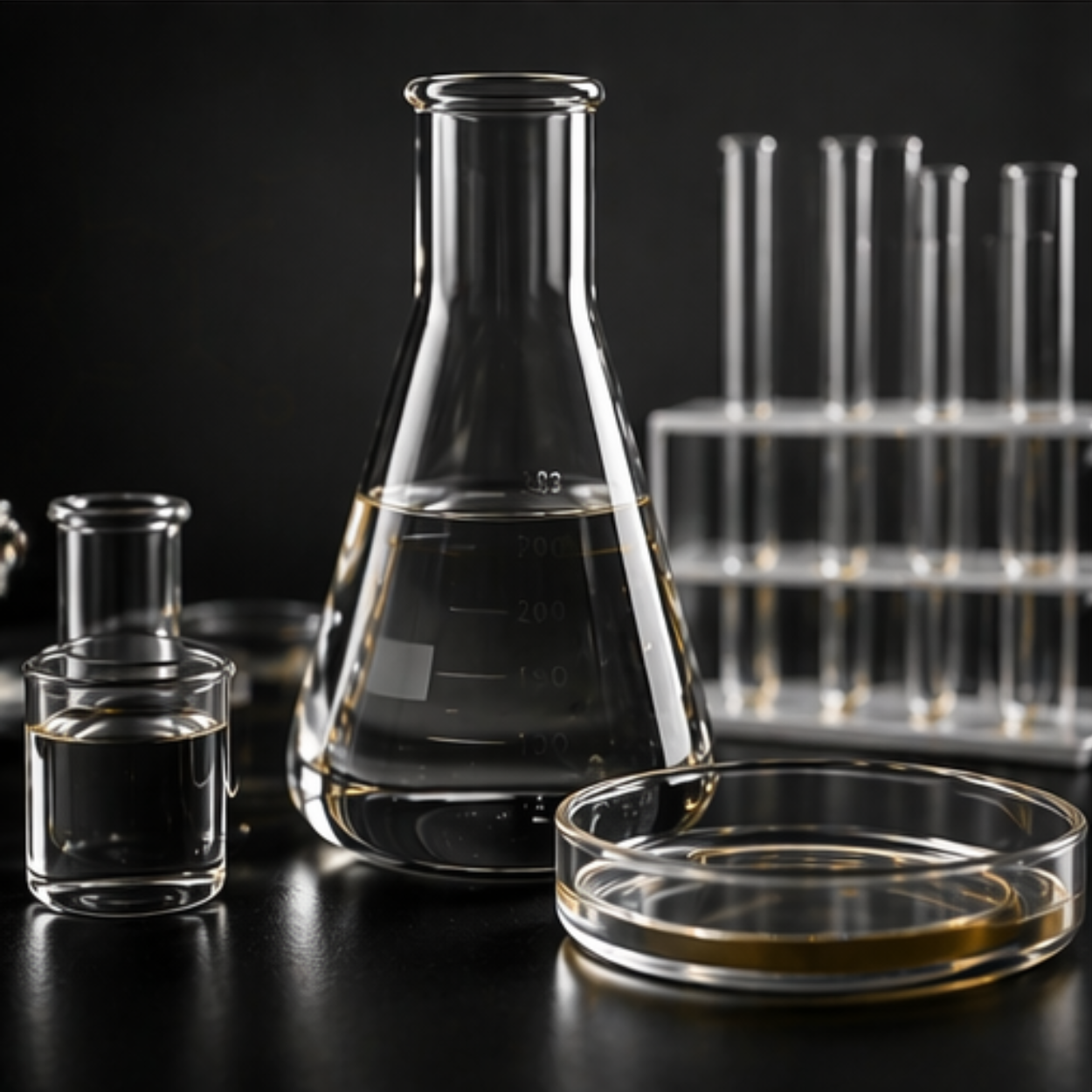 Various laboratory glassware including an Erlenmeyer flask, test tubes, a small beaker, and petri dishes, some filled with clear liquid, against a black background.