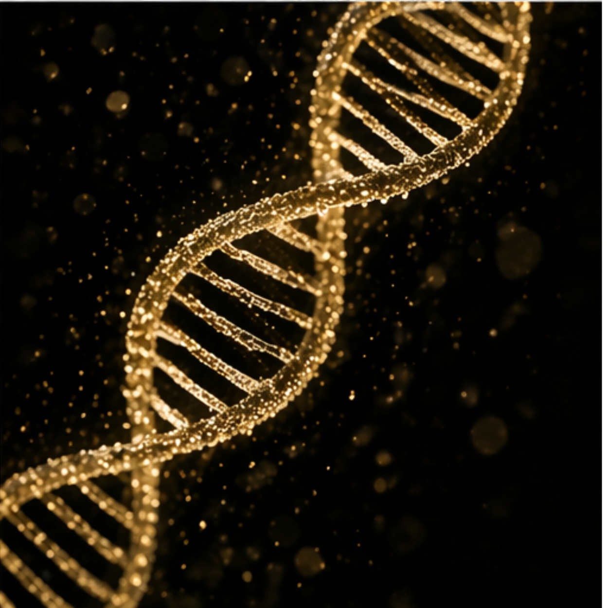 A glowing gold-colored double helix DNA strand against a dark background with floating particles.