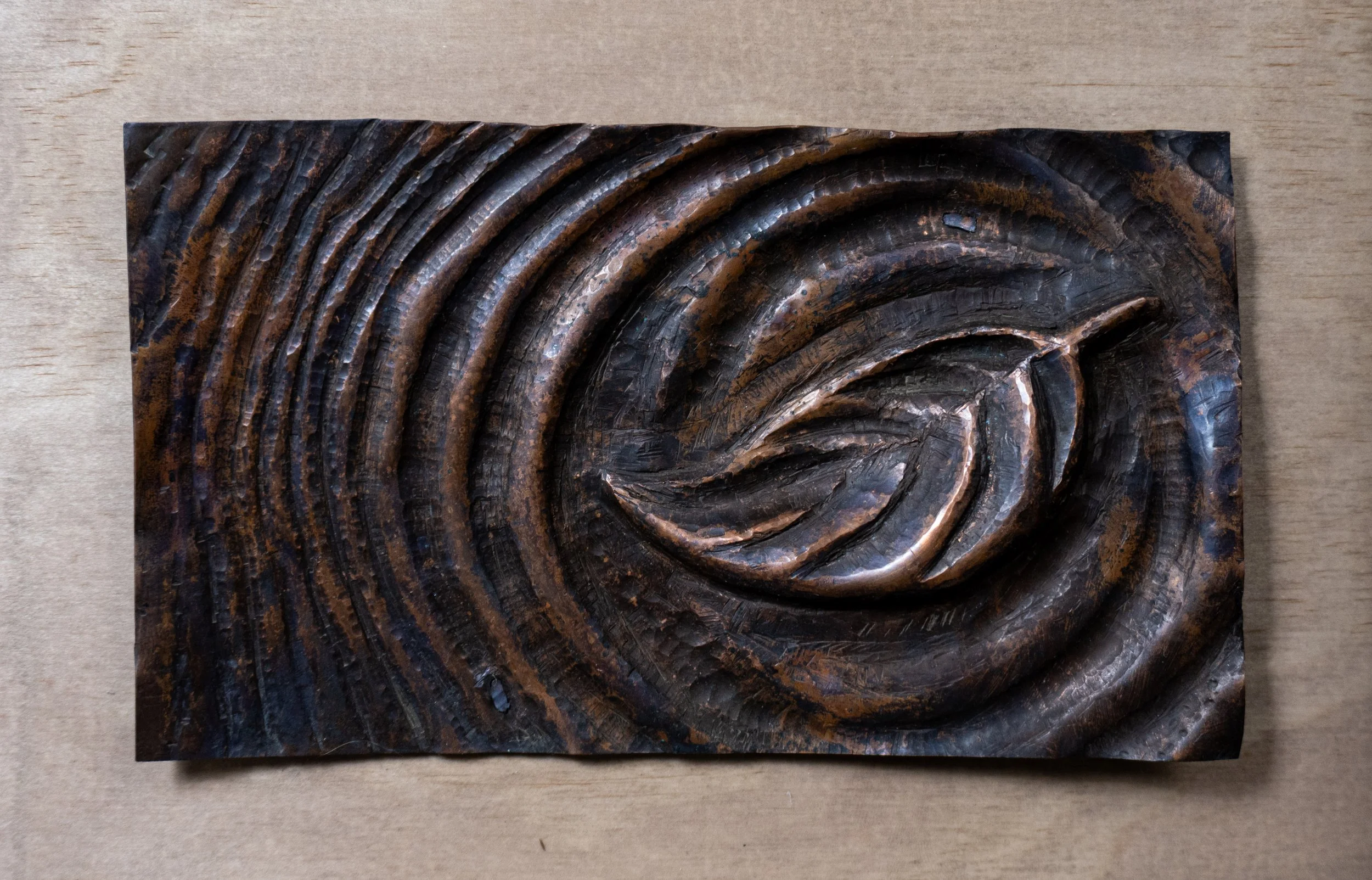 Over Soon (detail), 2026, 
Copper, wood, 
30" x 15 1/4"