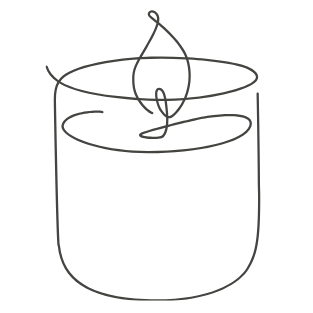 Line drawing of a lit candle in a holder with visible flickering flame.
